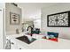 Island sink with stylish faucet and white countertops, open to adjacent room at 6606 Pullen Ct, Tampa, FL 33625