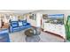 Cozy living room showcases a stylish coffee table, blue sofas and large windows overlooking city views, creating a relaxing atmosphere at 700 Beach Ne Dr # 602, St Petersburg, FL 33701