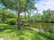Backyard waterfront view with a private dock, lush greenery, and serene water at 713 Argyle Pl, Temple Terrace, FL 33617