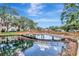 Scenic pond view with a charming bridge, lush trees, and building reflections in the water at 10330 Carrollwood Ln # 95, Tampa, FL 33618
