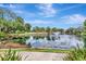 Scenic view of a pond with a fountain, landscaping, and greenery, reflecting the blue sky at 10330 Carrollwood Ln # 95, Tampa, FL 33618