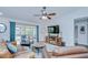 Cozy living room with ceiling fan, leather furniture, TV, and easy access to the screened-in outdoor patio at 14105 Farmington Blvd, Tampa, FL 33625