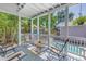 Covered patio features an inviting seating area with a view of the pool, lush greenery, and outdoor entertainment space at 1822 1St Se St, St Petersburg, FL 33705