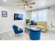 Cozy living room with a neutral sofa, blue accent chairs, and a modern ceiling fan at 1887 Springtime Ave, Clearwater, FL 33755