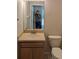 Cozy half-bathroom with a sink, vanity, toilet, and mirror at 19251 Stone Hedge Dr, Tampa, FL 33647