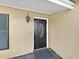 Close-up of a front door with an decorative glass panel and textured walls at 2209 Kingswood Ln, Brandon, FL 33511