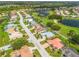 Aerial view of a residential area showcasing houses, landscaping, a golf course, and a tranquil lake at 2221 Platinum Dr, Sun City Center, FL 33573