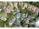 Aerial view highlighting property boundaries with a pool, landscaping, and surrounding neighborhood near the lake at 2819 Safe Harbor Dr, Tampa, FL 33618