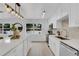 Kitchen with white cabinetry, modern lighting, stainless appliances, and view from the window at 3381 19Th Sw Pl, Largo, FL 33774
