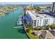 Aerial view of condo overlooking water and private docks at 415 Island Way # 507, Clearwater Beach, FL 33767