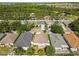 Aerial view featuring residential homes with landscaped yards, driveways, and mature trees lining the street at 4510 Beaumaris Dr, Land O Lakes, FL 34638