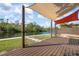 Waterfront property featuring a wooden deck, canvas awnings, and beautifully landscaped surroundings at 6814 68Th E Ave, Bradenton, FL 34203