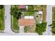 Aerial view of a well-maintained single-story home with fenced yard, bordered by mature trees at 8445 Angela Ct, Zephyrhills, FL 33541