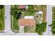Aerial view of a well-maintained single-story home with fenced yard, bordered by mature trees at 8445 Angela Ct, Zephyrhills, FL 33541