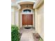 Close-up of the double front door with an overhead light, tiled entryway, and manicured bushes at 19743 Ellendale Dr, Land O Lakes, FL 34638