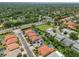 Scenic aerial view of a neighborhood with trees, pools, and houses with solar panels on the roofs at 2228 Hannah S Way, Dunedin, FL 34698