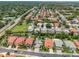 An overhead view of a residential neighborhood with mature trees and lush green lawns at 2228 Hannah S Way, Dunedin, FL 34698