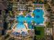Aerial view of the swimming pool and recreational area featuring a slide, zero-entry area, lap pool, and palm trees at 29038 Picana Ln, Wesley Chapel, FL 33543