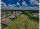 Aerial view of community neighborhood homes with lake and greenery at 29038 Picana Ln, Wesley Chapel, FL 33543