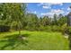 Spacious backyard features a tree, lush lawn, and a black metal fence for added privacy and charm at 30326 Ceasar Park Dr, Wesley Chapel, FL 33543
