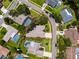 Aerial shot of the property highlighting the location, landscaping, pool, and neighborhood at 335 Palmdale Dr, Oldsmar, FL 34677