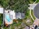 Aerial view of property featuring a pool, patio area, mature trees, and defined property lines at 7111 Lawnview Ct, Tampa, FL 33615