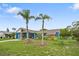 Inviting front yard featuring well-manicured lawn and mature palm trees enhancing the curb appeal at 7810 Flintlock Dr, Port Richey, FL 34668