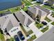Aerial view of homes showcases manicured lawns, modern driveways, and community pond at 10024 Merry Fawn Ct, Sun City Center, FL 33573