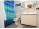 Bathroom features a blue shower curtain, toilet, and a white vanity with framed mirror at 10265 Gandy N Blvd # 1409, St Petersburg, FL 33702