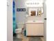 Bathroom features a blue shower curtain, toilet, and a white vanity at 10265 Gandy N Blvd # 1409, St Petersburg, FL 33702