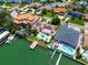 Aerial perspective showcases stunning waterfront homes with private docks and refreshing swimming pools at 1135 81St S St, St Petersburg, FL 33707