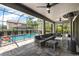 Covered patio with comfortable seating, ceiling fans, and a view of the pool area at 12415 Hitching St, Odessa, FL 33556