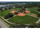 An aerial view showcases sports fields in a community surrounded by lush greenery and buildings at 3150 San Jose St, Clearwater, FL 33759