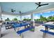 A covered picnic area with blue tables and views of the community gardens, offering a relaxing outdoor space at 6019 Shorebird Br, Land O Lakes, FL 34638