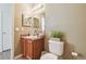 Small bathroom featuring a single sink vanity, mirror, and decorative plants at 9329 Wellstone Dr, Land O Lakes, FL 34638