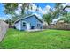 Charming backyard featuring a blue house, lush green grass, and an outdoor seating area at 111 E Jean St, Tampa, FL 33604