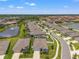 Aerial view of a well-maintained community with ponds, lush landscaping and uniform houses at 13301 Waterleaf Garden Cir, Riverview, FL 33579