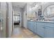 Bright bathroom featuring double vanity with powder blue cabinets and walk-in shower at 13301 Waterleaf Garden Cir, Riverview, FL 33579