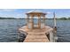 Waterfront gazebo on a wooden pier, perfect for enjoying scenic views and waterfront living at 21906 Shamu Dr, Land O Lakes, FL 34639