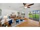 Inviting living area with wood floors, plush seating, and tranquil lake views at 21906 Shamu Dr, Land O Lakes, FL 34639