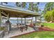 Outdoor kitchen with a built-in grill, bar seating, and a view of the waterfront at 21906 Shamu Dr, Land O Lakes, FL 34639