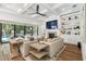 Bright living room with a coffered ceiling, fireplace, built-in shelves, and backyard pool view at 2604 W Jetton Ave, Tampa, FL 33629