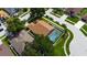 Aerial view showcases a home with a private pool, fenced yard, and meticulously maintained landscaping at 28826 Windover St, Wesley Chapel, FL 33545