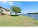 Waterfront backyard featuring a grassy lawn and a tree overlooking the canal and the community dock at 5205 Brighton Shore Dr, Apollo Beach, FL 33572