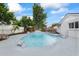Wide shot of backyard pool with a dolphin statue and lush landscaping at 7107 Limestone Ln, Tampa, FL 33619