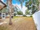 Large fenced backyard with ample lawn space, mature trees, and sunroom access at 7206 Timber Ct, Tampa, FL 33625