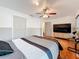 This bedroom features a ceiling fan, closet and a TV at 7206 Timber Ct, Tampa, FL 33625