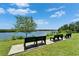 Scenic waterfront view featuring park benches on a well-maintained grassy area, creating a peaceful outdoor setting at 916 48Th Street E Dr, Bradenton, FL 34208