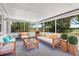 Relax in this screened patio furnished with comfortable seating and stylish decor at 11520 Meadow Dr, Port Richey, FL 34668