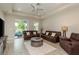 Cozy living room featuring comfortable leather seating and a view to the outdoor patio at 12451 Nouveau Ave, Spring Hill, FL 34610